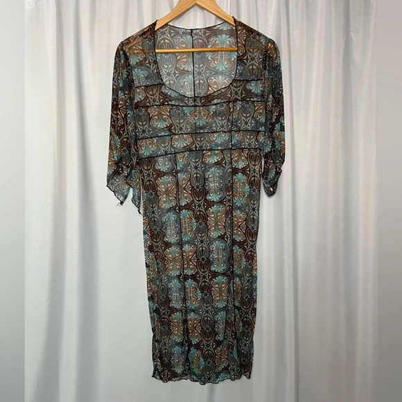 Brown, Tan & Blue Geometric Pattern Sheer Square Neck Dress or Cover-Up - Picture 7 of 10